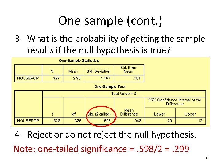 One sample (cont. ) 3. What is the probability of getting the sample results