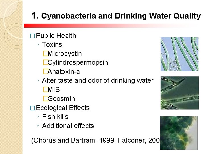 1. Cyanobacteria and Drinking Water Quality � Public Health ◦ Toxins �Microcystin �Cylindrospermopsin �Anatoxin-a