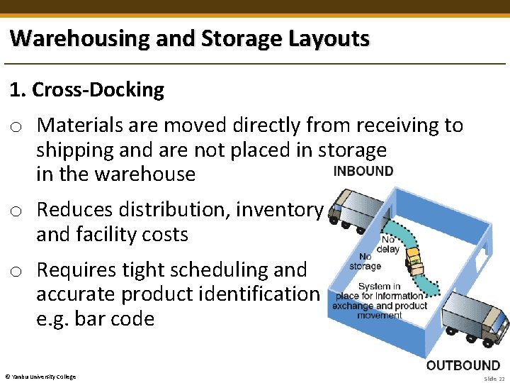 Warehousing and Storage Layouts 1. Cross-Docking o Materials are moved directly from receiving to