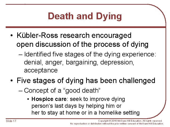 Death and Dying • Kübler-Ross research encouraged open discussion of the process of dying