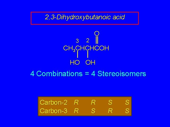 2, 3 -Dihydroxybutanoic acid 3 2 O CH 3 CHCHCOH HO OH 4 Combinations