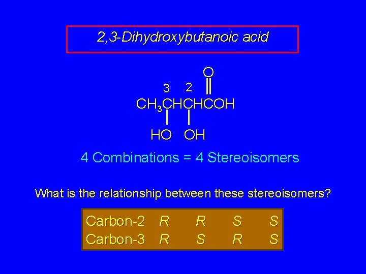 2, 3 -Dihydroxybutanoic acid 3 2 O CH 3 CHCHCOH HO OH 4 Combinations