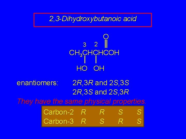 2, 3 -Dihydroxybutanoic acid 3 2 O CH 3 CHCHCOH HO OH enantiomers: 2