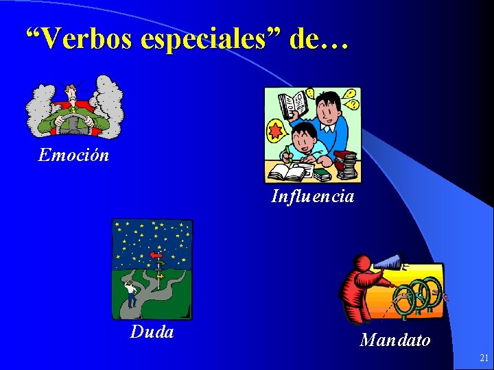 “Verbos especiales” de… Emoción Influencia Duda Mandato 21 