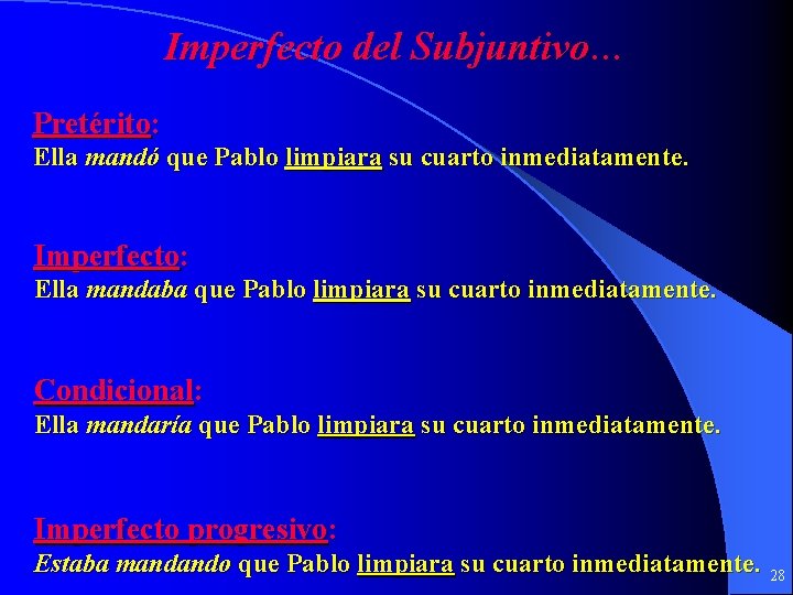 Imperfecto del Subjuntivo… Pretérito: Ella mandó que Pablo limpiara su cuarto inmediatamente. Imperfecto: Ella