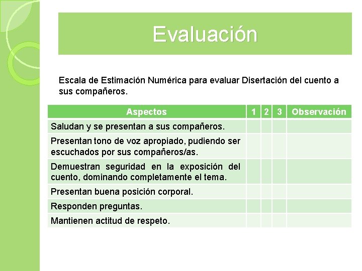 Evaluación Escala de Estimación Numérica para evaluar Disertación del cuento a sus compañeros. Aspectos Evaluación Escala de Estimación Numérica para evaluar Disertación del cuento a sus compañeros. Aspectos