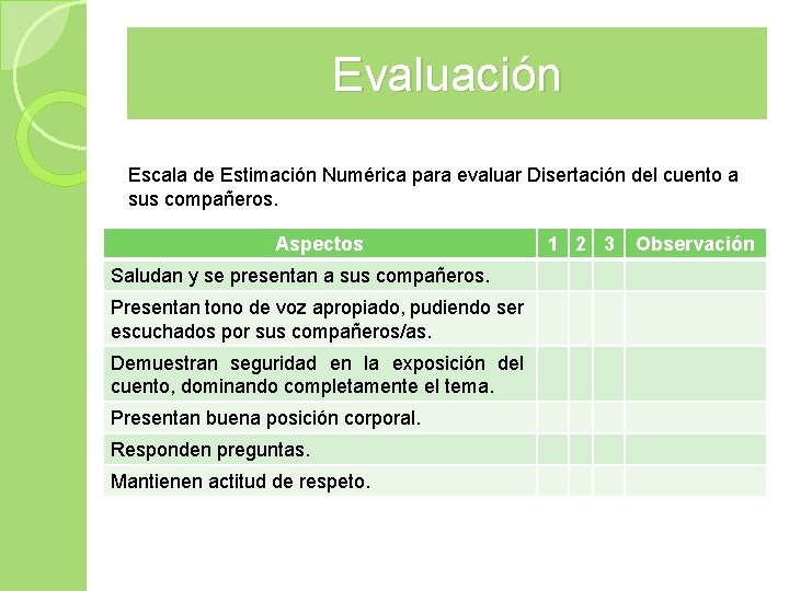 Evaluación Escala de Estimación Numérica para evaluar Disertación del cuento a sus compañeros. Aspectos