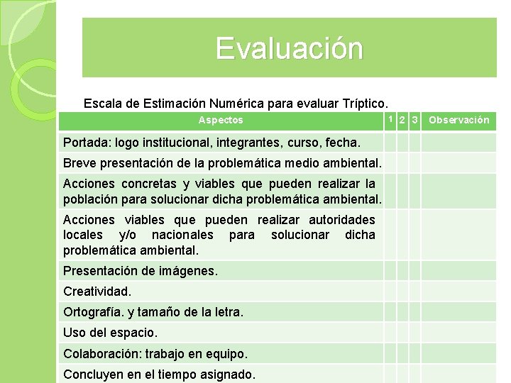 Evaluación Escala de Estimación Numérica para evaluar Tríptico. Aspectos Portada: logo institucional, integrantes, curso, Evaluación Escala de Estimación Numérica para evaluar Tríptico. Aspectos Portada: logo institucional, integrantes, curso,