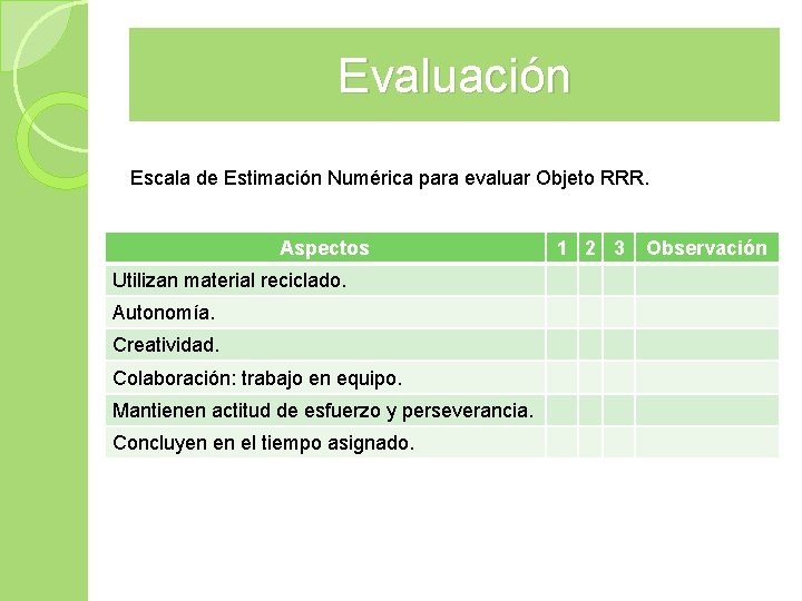 Evaluación Escala de Estimación Numérica para evaluar Objeto RRR. Aspectos Utilizan material reciclado. Autonomía. Evaluación Escala de Estimación Numérica para evaluar Objeto RRR. Aspectos Utilizan material reciclado. Autonomía.