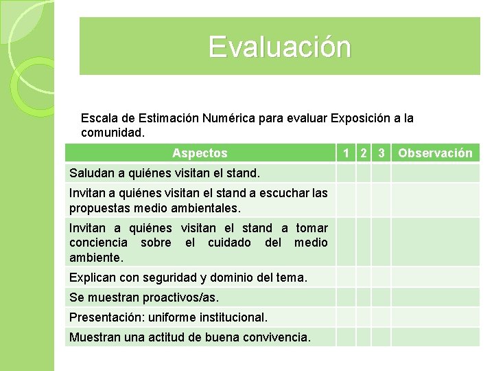 Evaluación Escala de Estimación Numérica para evaluar Exposición a la comunidad. Aspectos Saludan a