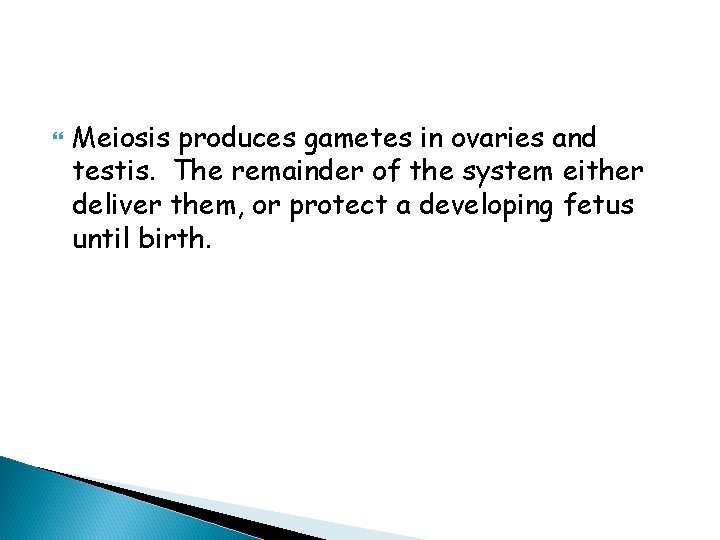  Meiosis produces gametes in ovaries and testis. The remainder of the system either