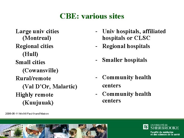 CBE: various sites Large univ cities (Montreal) Regional cities (Hull) Small cities (Cowansville) Rural/remote