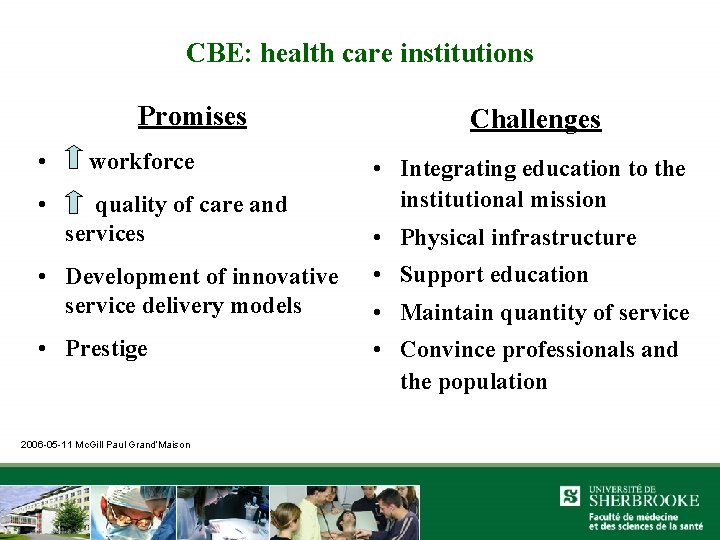 CBE: health care institutions Promises • • workforce quality of care and services Challenges