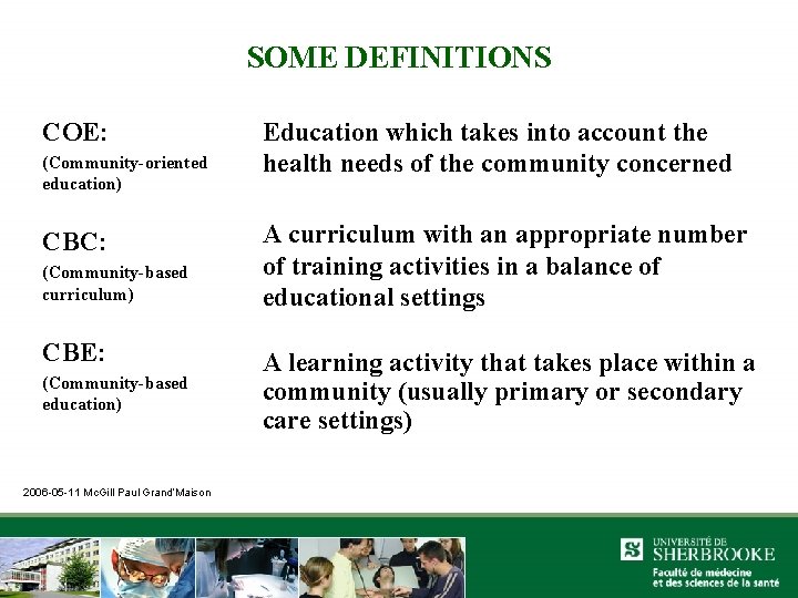 SOME DEFINITIONS COE: (Community-oriented education) CBC: (Community-based curriculum) CBE: (Community-based education) 2006 -05 -11