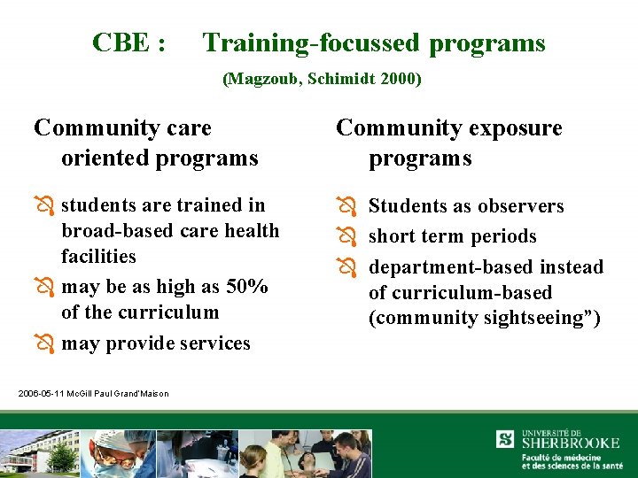 CBE : Training-focussed programs (Magzoub, Schimidt 2000) Community care oriented programs Community exposure programs