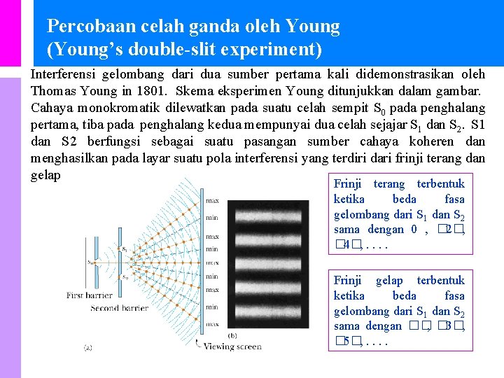 Percobaan celah ganda oleh Young (Young’s double-slit experiment) Interferensi gelombang dari dua sumber pertama