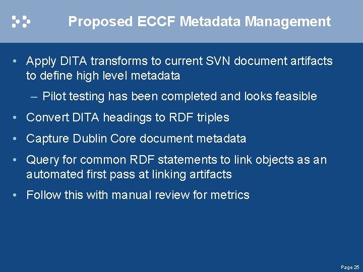 Proposed ECCF Metadata Management • Apply DITA transforms to current SVN document artifacts to