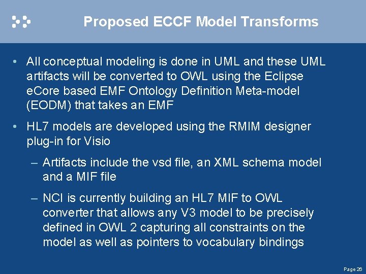 Proposed ECCF Model Transforms • All conceptual modeling is done in UML and these