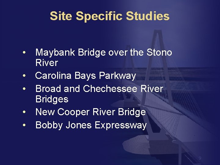 Site Specific Studies • Maybank Bridge over the Stono River • Carolina Bays Parkway