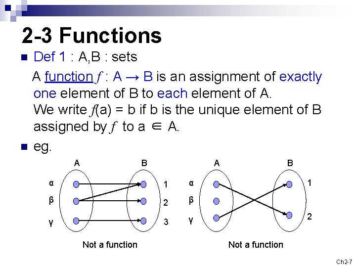 2 -3 Functions Def 1 : A, B : sets A function f :