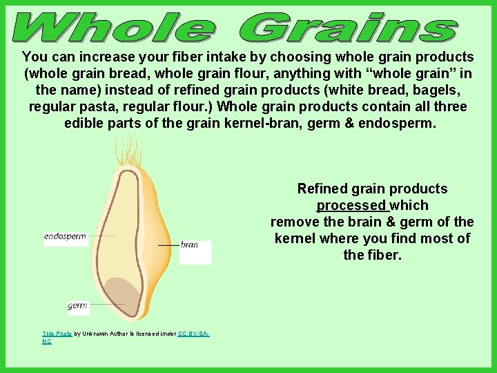 You can increase your fiber intake by choosing whole grain products (whole grain bread,