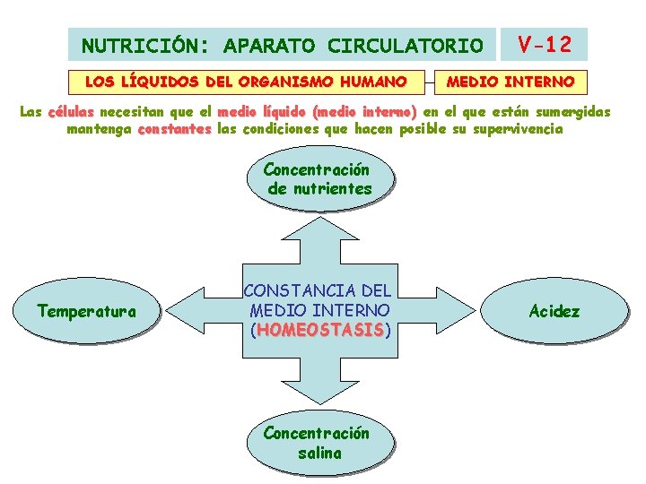 NUTRICIÓN: APARATO CIRCULATORIO LOS LÍQUIDOS DEL ORGANISMO HUMANO V-12 MEDIO INTERNO Las células necesitan NUTRICIÓN: APARATO CIRCULATORIO LOS LÍQUIDOS DEL ORGANISMO HUMANO V-12 MEDIO INTERNO Las células necesitan