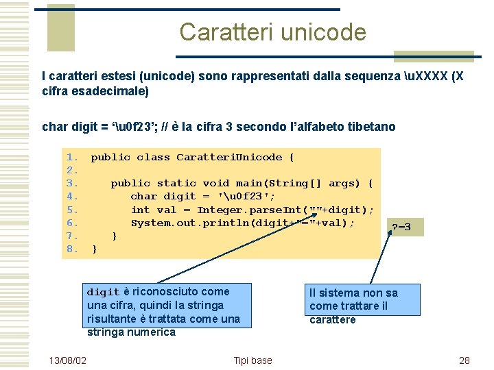 Caratteri unicode I caratteri estesi (unicode) sono rappresentati dalla sequenza u. XXXX (X cifra