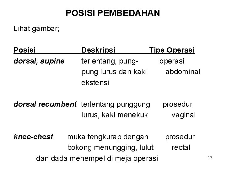 POSISI PEMBEDAHAN Lihat gambar; Posisi dorsal, supine Deskripsi Tipe Operasi terlentang, pungoperasi pung lurus