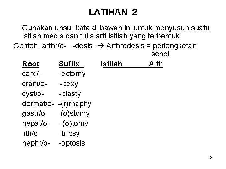 LATIHAN 2 Gunakan unsur kata di bawah ini untuk menyusun suatu istilah medis dan
