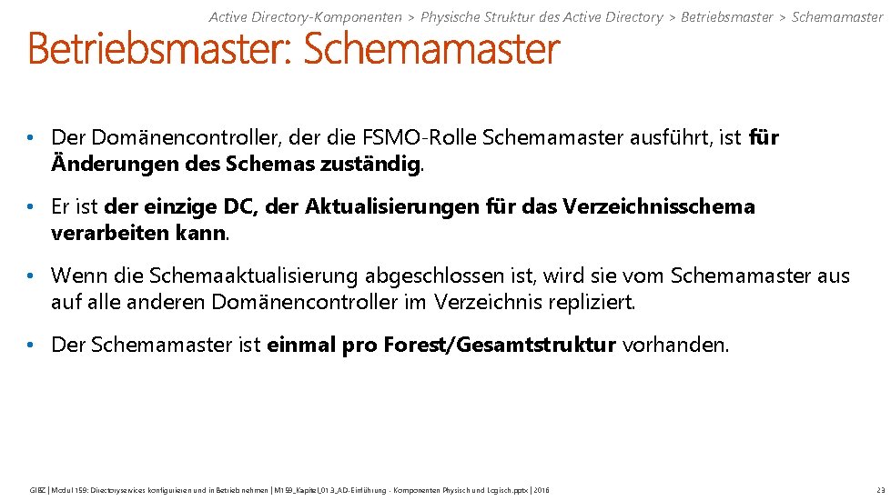 Active Directory-Komponenten > Physische Struktur des Active Directory > Betriebsmaster > Schemamaster • Der