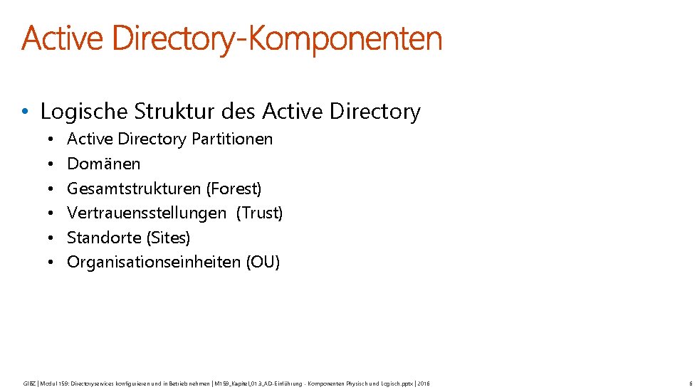  • Logische Struktur des Active Directory • • • Active Directory Partitionen Domänen