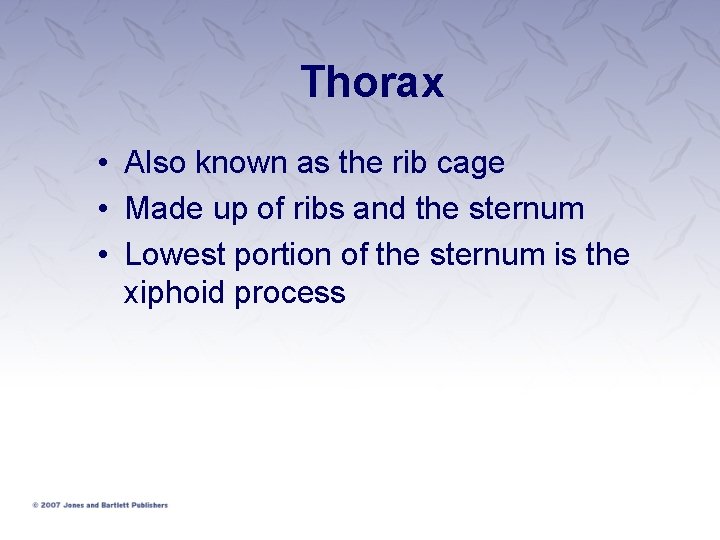 Thorax • Also known as the rib cage • Made up of ribs and