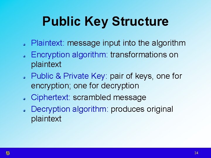 Public Key Structure Plaintext: message input into the algorithm Encryption algorithm: transformations on plaintext