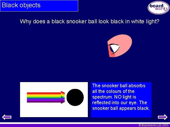 Black objects Why does a black snooker ball look black in white light? The