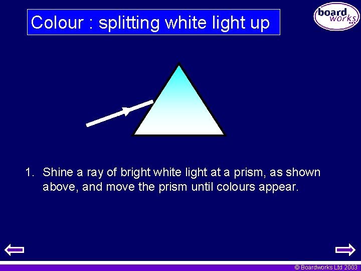 Colour : splitting white light up 1. Shine a ray of bright white light