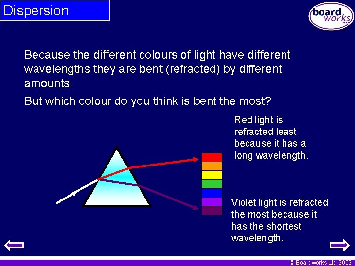 Dispersion Because the different colours of light have different wavelengths they are bent (refracted)