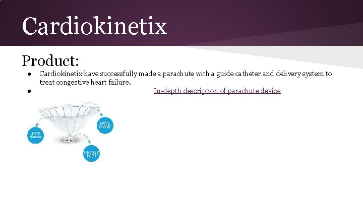Cardiokinetix Product: ● ● Cardiokinetix have successfully made a parachute with a guide catheter