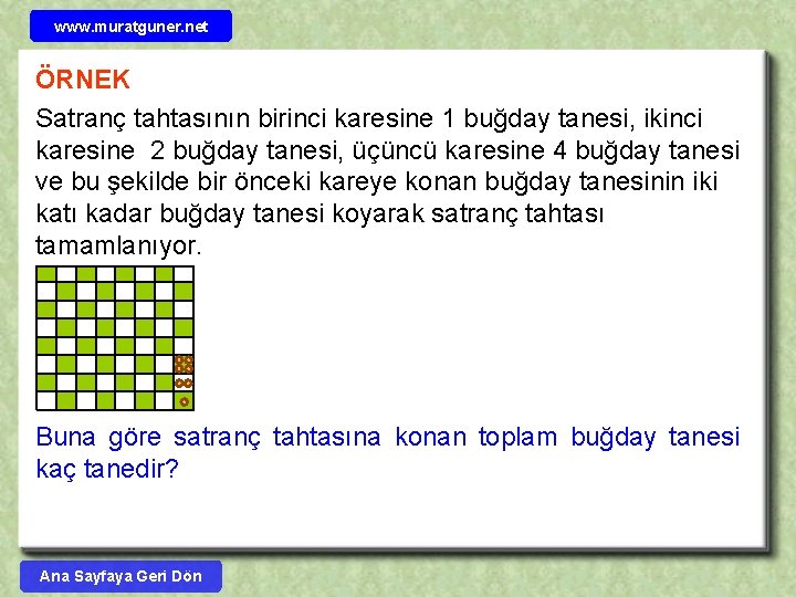 www. muratguner. net ÖRNEK Satranç tahtasının birinci karesine 1 buğday tanesi, ikinci karesine 2