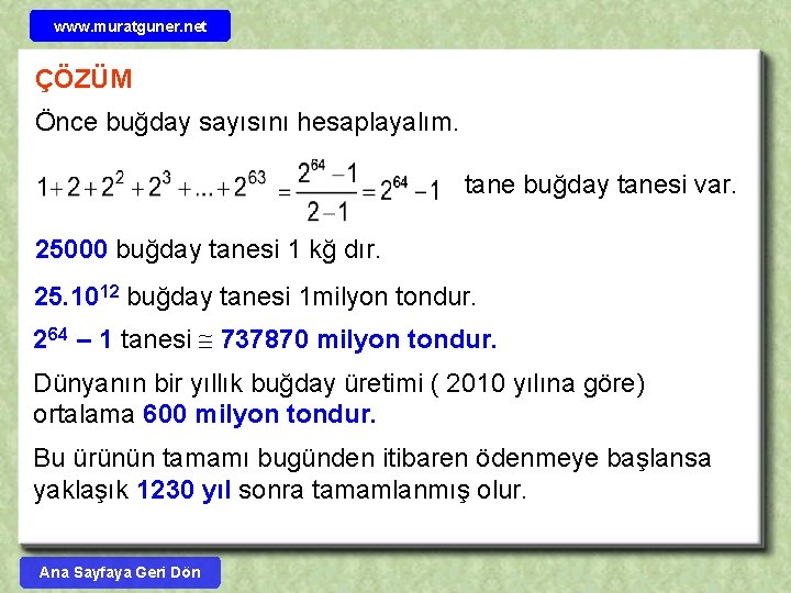 www. muratguner. net ÇÖZÜM Önce buğday sayısını hesaplayalım. tane buğday tanesi var. 25000 buğday