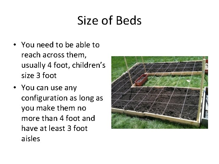 Size of Beds • You need to be able to reach across them, usually