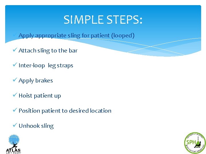 SIMPLE STEPS: ü Apply appropriate sling for patient (looped) ü Attach sling to the