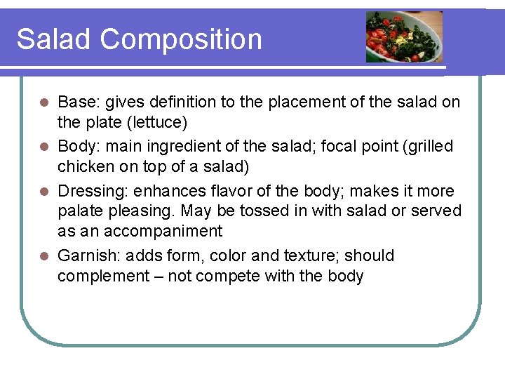 Food Prep Salads CS 1SS Foster Learning Objectives