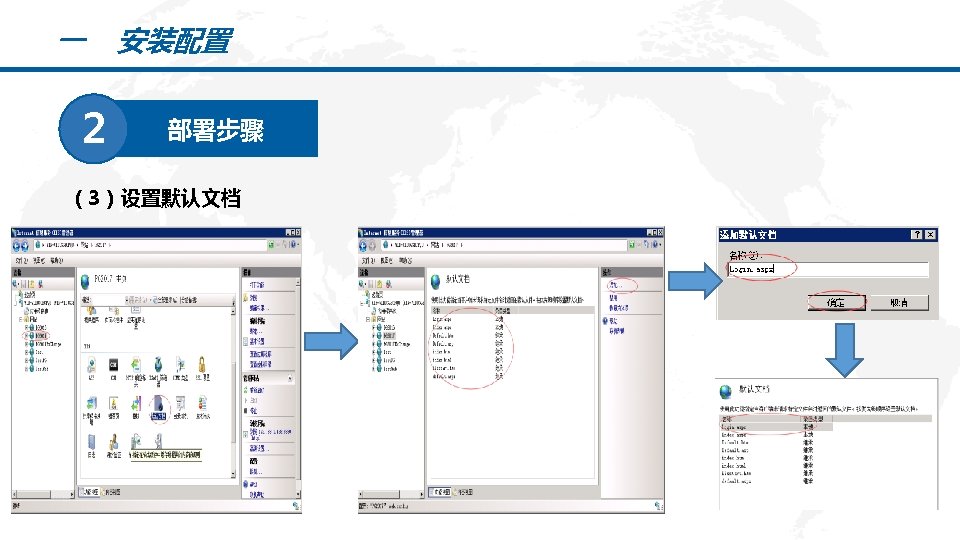 一 安装配置 2 部署步骤 （3）设置默认文档 PPT模板下载：www. 1 ppt. com/moban/ 行业PPT模板：www. 1 ppt. com/hangye/ 节日PPT模板：www.