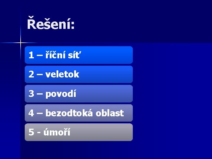 Řešení: 1 – říční síť 2 – veletok 3 – povodí 4 – bezodtoká