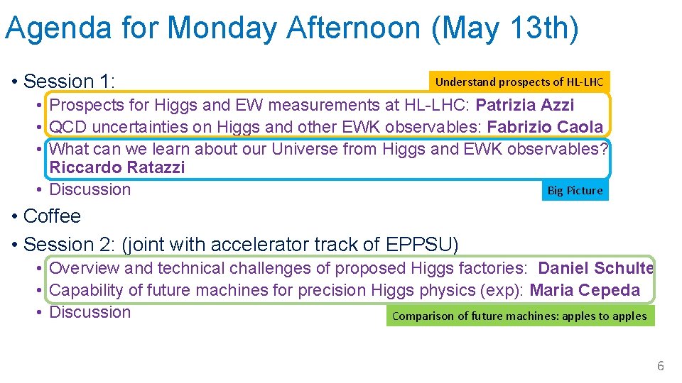 Agenda for Monday Afternoon (May 13 th) • Session 1: Understand prospects of HL-LHC