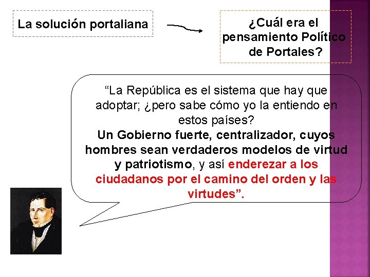 La solución portaliana ¿Cuál era el pensamiento Político de Portales? “La República es el