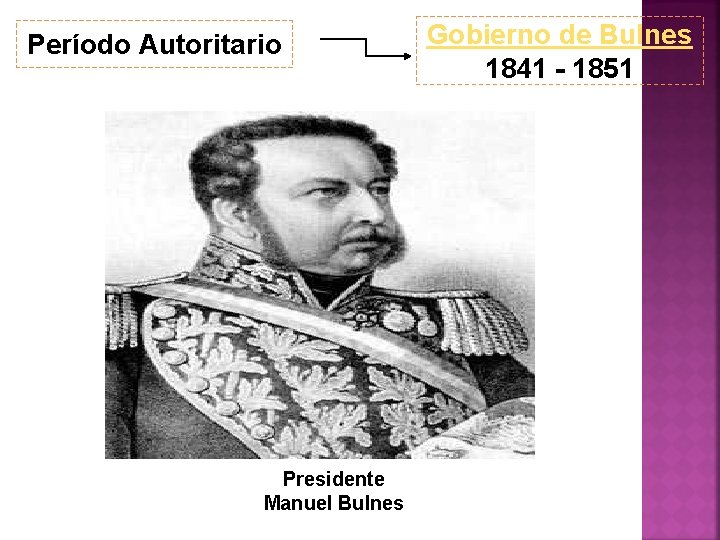 Período Autoritario Presidente Manuel Bulnes Gobierno de Bulnes 1841 - 1851 