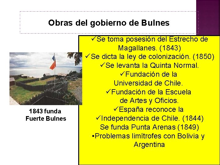 Obras del gobierno de Bulnes 1843 funda Fuerte Bulnes üSe toma posesión del Estrecho