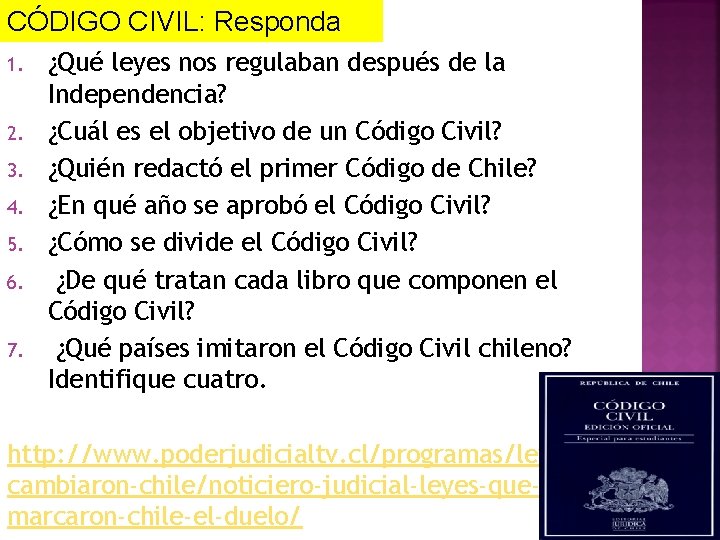 CÓDIGO CIVIL: Responda 1. 2. 3. 4. 5. 6. 7. ¿Qué leyes nos regulaban