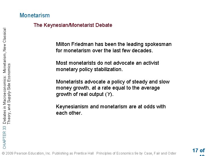 CHAPTER 33 Debates in Macroeconomics: Monetarism, New Classical Theory, and Supply-Side Economics Monetarism The